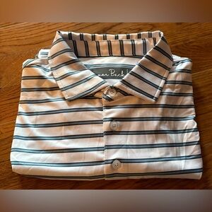 Hammer Back “Flushed It” Performance Golf SS Polo, White w/Blue Stripes, Size L